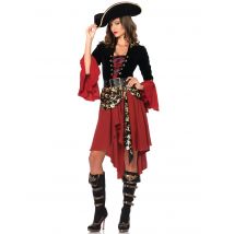 Piraten outfit met goudkleurige schedels voor vrouwen - Thema: Verkleedideeën - Rood - Maat L