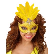 Geel masker met veren voor dames - Thema: Kleuren - Geel - Maat One Size