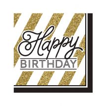 16 Happy Birthday servetten zwart-goud - Thema: Happy Birthday Noir et Or - Maat Uniek Formaat