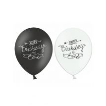 6 zwart wit Happy Birthday ballonen - Thema: Black + White - Zwart - Maat Uniek Formaat