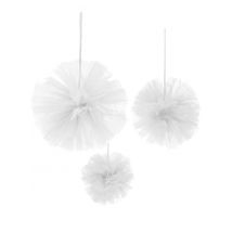 3 Pompons om op te hangen in witte tule 15, 20 en 30 cm - Thema: Sfeer decoratie - Grijs, Wit - Maat Uniek Formaat