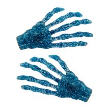 2 glitter blauwe skelethanden haarspelden - Thema: Magie en Horror - Blauw - Maat Uniek Formaat