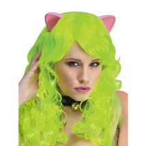 Neongroene fantasy pruik met kattenoren - Thema: Traffic light party - Groen - Maat Uniek Formaat