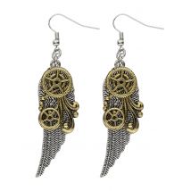 Steampunk tandwielen en veren oorbellen voor volwassenen - Thema: Carnaval accessoire - Goud - Maat One Size