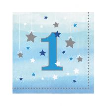 16 papieren servetten 1 jaar One Little Star blauw 33 x 33 cm zilveren sterren - Blauw - Maat Uniek Formaat