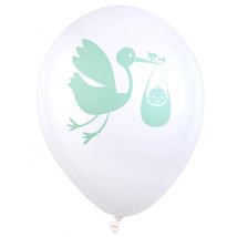 8 groene latex baby shower ballonnen 23 cm met ooievaarmotief - Groen - Maat Uniek Formaat