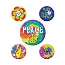 5 sixties hippie badges - Thema: Jaren 60/70 - Gekleurd - Maat Uniek Formaat