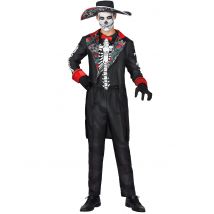 Zwart Dia de los Muertos kostuum met bloemen opdruk voor mannen - Thema: Halloween - Zwart - Maat L