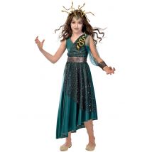 Jonge Medusa outfit voor meisjes - Thema: Magie en Horror - Groen - Maat 128 (6-8 jaar)