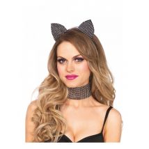 Luxe kat haarband en halsband met strass voor volwassenen - Thema: Luxe - Zwart - Maat One Size