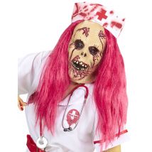 Zombie verpleegster masker met roze haren - Thema: Magie en Horror - Rood - Maat One Size