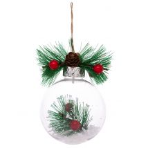 Natuurlijke kerstbal met sneeuw en dennenboom 8 cm, willekeurig model met dennenappel - Groen - Maat Uniek Formaat