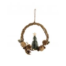Kerstkrans om op te hangen, dennenboom en gouden dennenappels 28 cm - Thema: Destockage IT - Goud - Maat Uniek Formaat