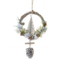 Hangende krans besneeuwde den 39 cm met dennenappels - Thema: Destockage IT - Grijs, Wit - Maat Uniek Formaat