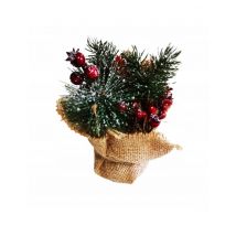 Kerstarrangement rode bessen en besneeuwde dennenboom in jutepot 15 cm - Grijs, Wit - Maat Uniek Formaat