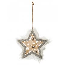 Sterrenhanger van hout en zilveren bont 12 cm voor kerstboom - Thema: Destockage IT - Zilver / Grijs - Maat Uniek Formaat