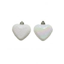 6 kerstboomhangers witte harten 6 cm met iriserende glitters - Thema: Feeën wereld - Grijs, Wit - Maat Uniek Formaat