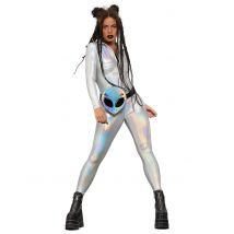 Holografische glanzende jumpsuit voor vrouwen - Thema: Dansers en danseressen - Zilver / Grijs - Maat XS
