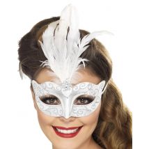 Loup vénitien argenté avec plumes blanches pour Adulte - Couleur Argent