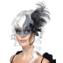 Loup vénitien ange noir avec grande plume noir pour Adulte - Couleur Gris