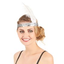 Bandeau Charleston à sequins et plume argenté pour Femme - Couleur Gris