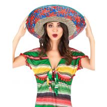 Sombrero Mexicain bordure rouge et bleu pour Adulte - Couleur Multicolore