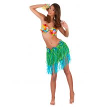 Jupe hawaïenne courte verte et bleue avec fleurs pour Adulte - Couleur Vert