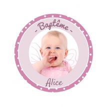 Disque en sucre personnalisable Baptême à pois rose 20 cm - Couleur Rose