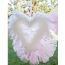Cœur blanc en plumes à suspendre 20 cm - Couleur Blanc