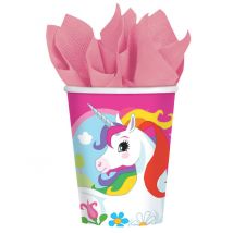 8 Gobelets en carton Licorne arc-en-ciel 250 ml - Couleur Rose