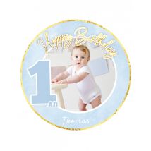 Disque en sucre personnalisable 1 an pastel pour Garçon 20 cm - Couleur Bleu