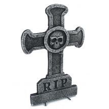 Décoration pierre tombale croix avec tête de mort 39 x 58 cm - Couleur Gris