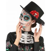 Chapeau haut de forme noir tête de mort fleur rouge Dia de los muertos pour Adulte - Couleur Noir