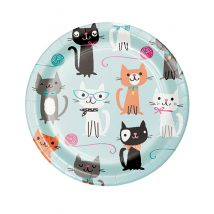 8 Petites assiettes en carton avec chats 17 cm - Couleur Bleu