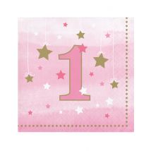 16 Petites serviettes 1an One Little Star 25 x 25 cm - Couleur Rose