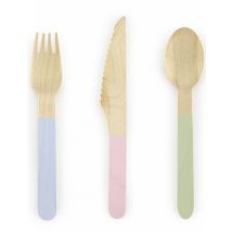 18 Couverts en bois avec manche en couleurs pastels 16 cm - Couleur Bois