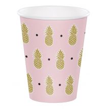 8 Gobelets en carton rose Ananas doré 250 ml - Couleur Rose