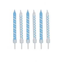 12 Bougies d'anniversaire rayées et à pois blanc et bleu ciel 7,5 cm - Couleur Bleu