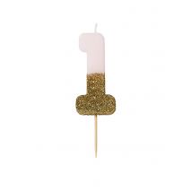 Bougie sur pique chiffre 1 rose et dorée pailletée 13,8 cm - Couleur Rose