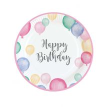 8 Assiettes en carton Happy Birthday ballons pastel 23 cm - Couleur Multicolore