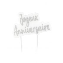 Bougie sur pique joyeux anniversaire argentée pailletée 8 x 5 cm - Couleur Argent