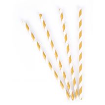 10 Pailles en carton rayées blanches et dorées 19,5 cm - Couleur Or