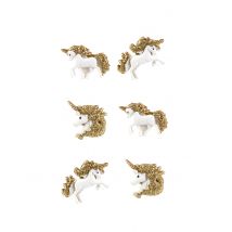 6 Licornes en résine adhésives et paillettes dorées 3 cm - Couleur Blanc
