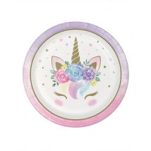 8 Assiettes en carton licorne féerique blanches 22 cm - Couleur Multicolore