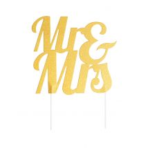 Cake topper en plastique Mr et Mrs doré pailleté 18 x 23 cm - Couleur Or
