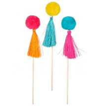 6 Pics en bois pompons colorés 16 cm - Couleur Multicolore