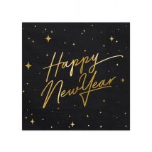 20 Serviettes en papier happy new year noires et dorées 33 x 33 cm - Couleur Noir