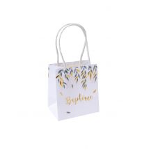6 Sacs à cadeaux baptême feuilles vertes et dorées 10 x 11 x 7 cm - Couleur Blanc