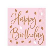 16 Serviettes en papier Happy Birthday roses confettis rose gold 33 x 33 cm - Couleur Rose