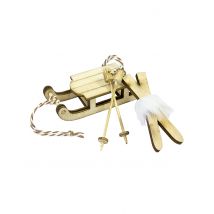 Décoration en bois luge et paire de ski 7,8 x 3 cm - Couleur Bois